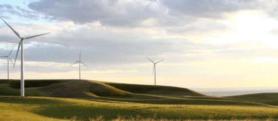 Windmills on a grassy hillside