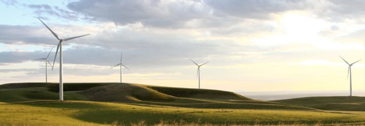 Windmills on a grassy hillside