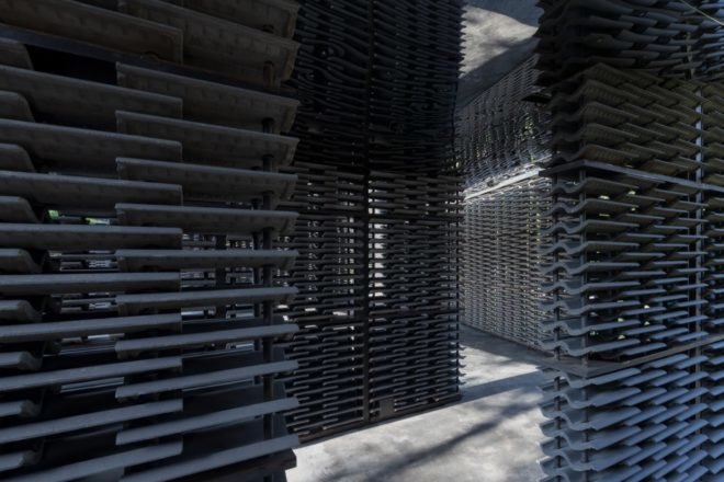 interior of a pavilion made of cement roof tiles