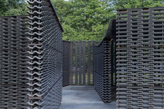 entrance of concrete lattice pavilion