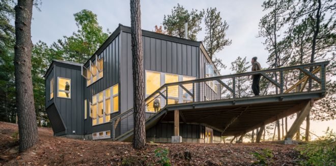 outdoor deck of modern gray house