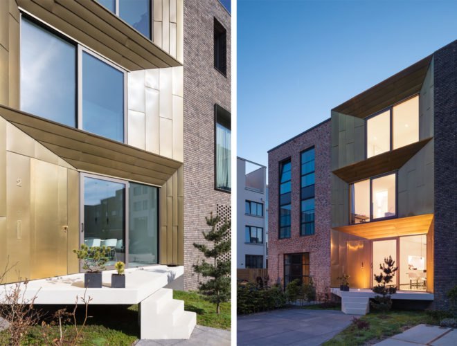 Angled views of the brass facade. On the left, exterior during the day. On the right, exterior at night.