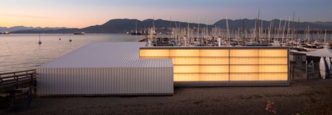 dock building glowing on the Vancouver waterfront