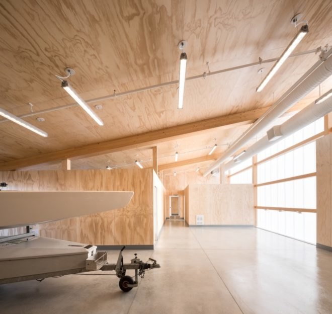 Interior with plywood walls and ceilings