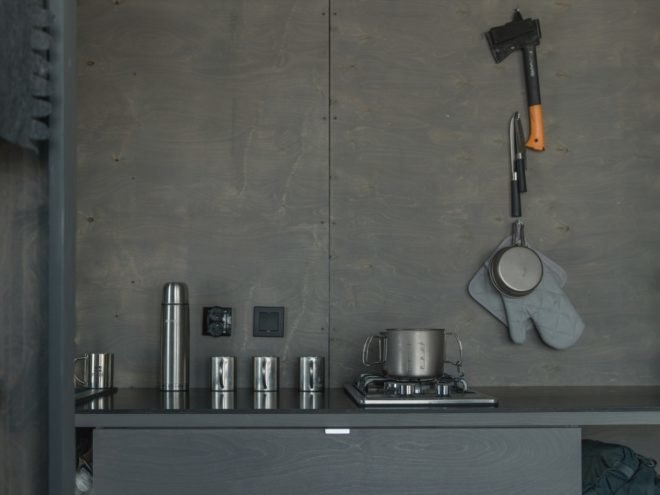 Gray kitchen with small appliances and kitchen tools