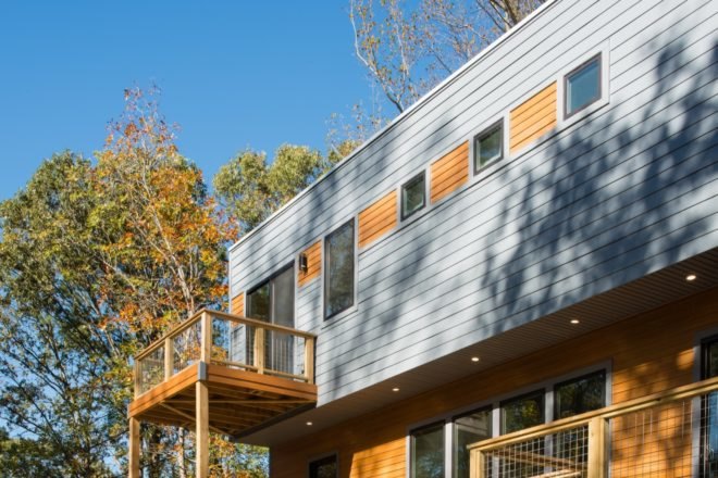 south side of the Forest House with wooden balcony