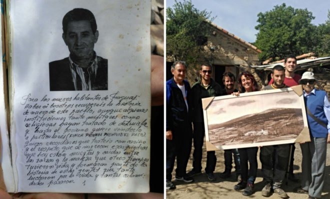 a letter and a group of people holding a photo