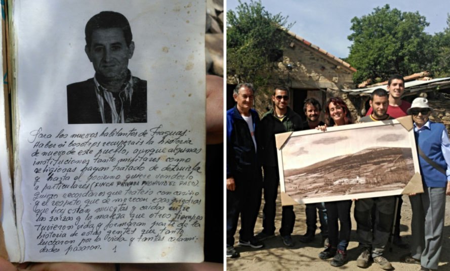 a letter and a group of people holding a photo