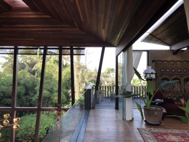 room with potted plants, full-height windows and wood ceilings