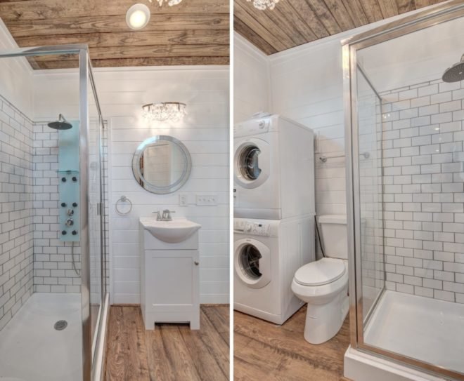 all white bathroom with wooden flooring and ceiling.