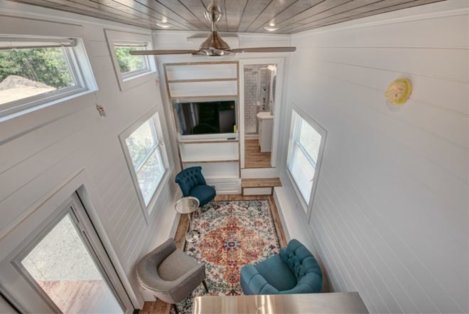 aerial shot of living space with white walls