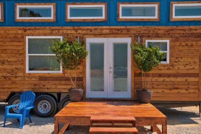 front porch of cedar clad tiny home