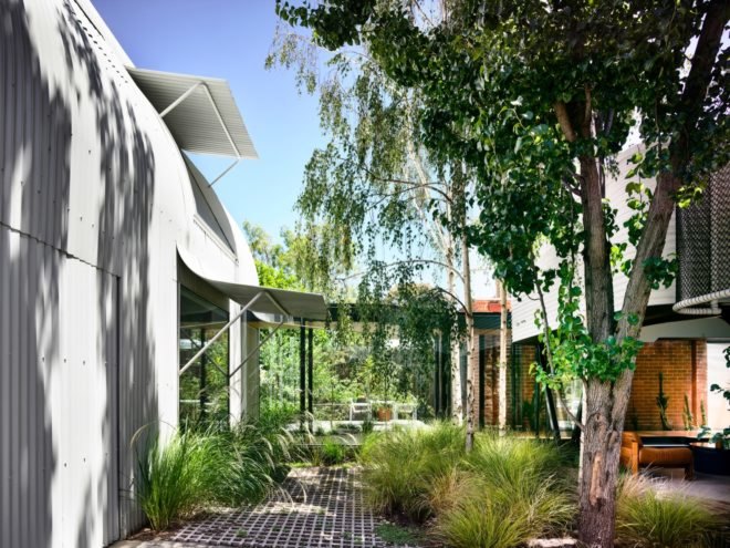Greenery surrounding a white extension