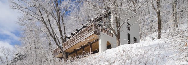 view of a canadian chalet in snowy forest