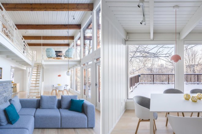 living room with blue couch and white chairs
