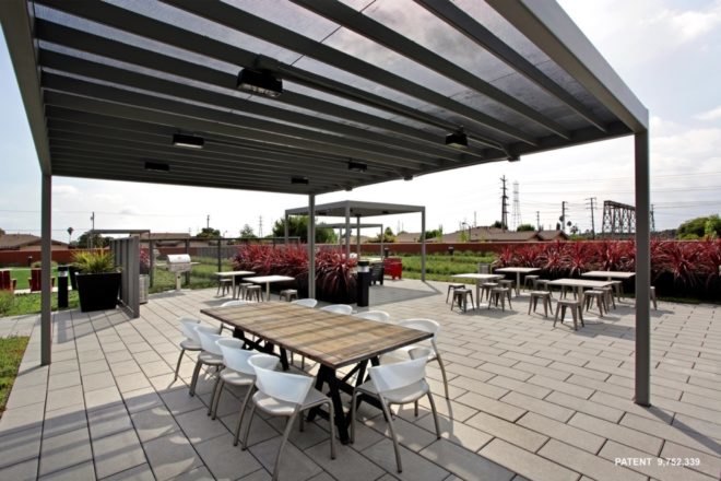 seating underneath an extended roof