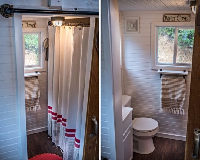 bathroom with toilet, shower and window