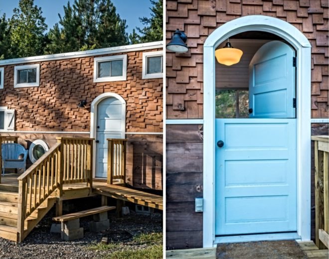 tiny home with blue dutch door
