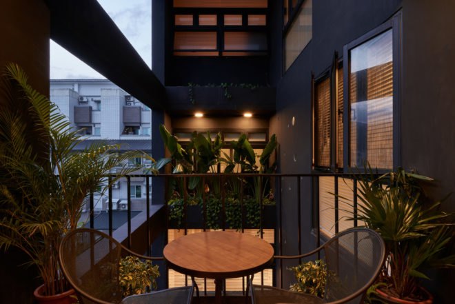 outdoor terrace with black accents