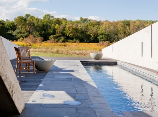 Long narrow pool and patio