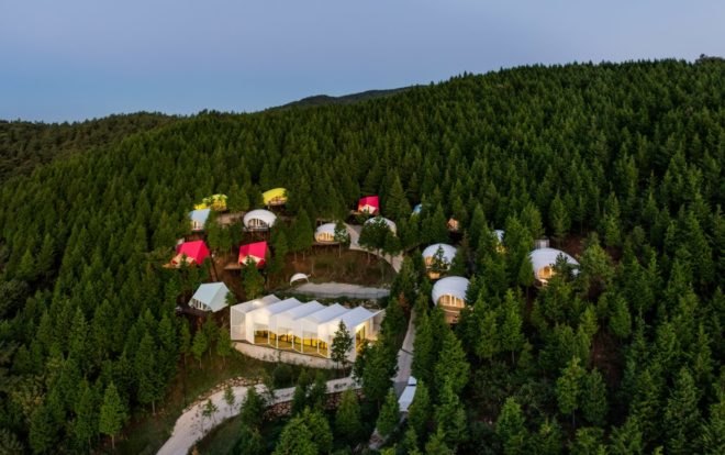 white building surrounded by colorful smaller buildings in forest