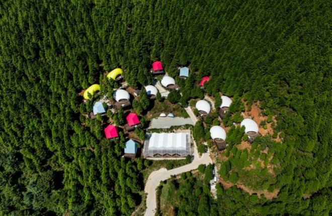 aerial view of white building surrounded by colorful smaller buildings in forest