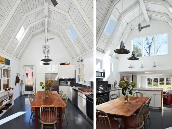 The bright white kitchen and dining room