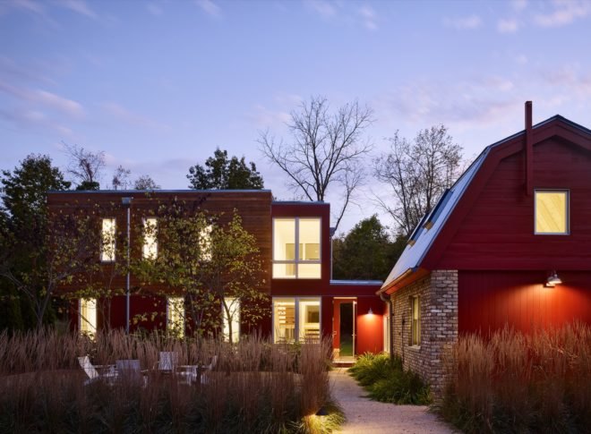 The exterior of the home at dusk