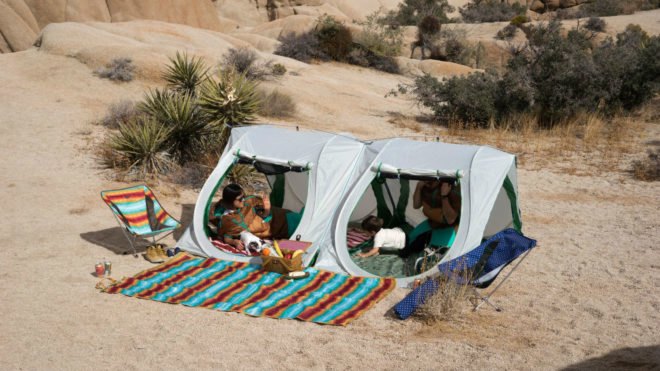 Family camping in a Sierra Shack tent.