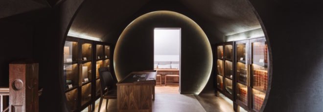 Bookshelves and a circular entryway