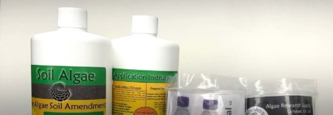 The kits and bottles of Soil Algae products