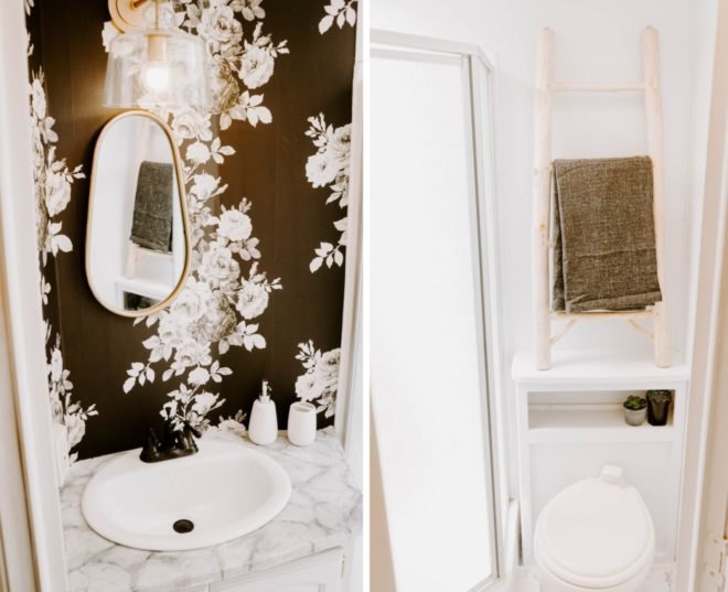 bathroom with flowery wallpaper