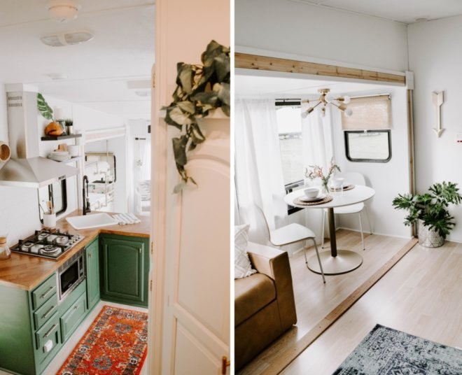 kitchen space with green cupboards and small dinette seat