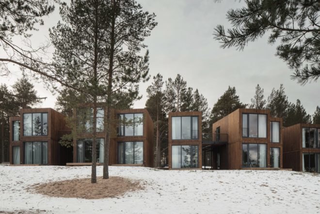 front view of the hotel in winter