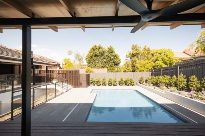 outdoor pool near long narrow garden