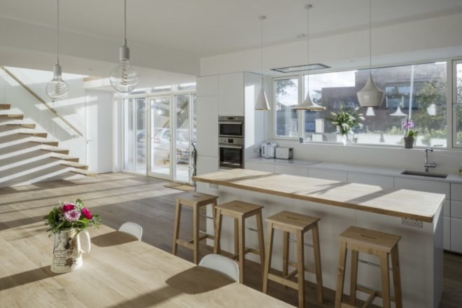 kitchen with wooden stools and table