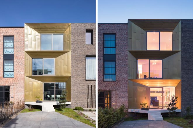 On the left, home with gold-tone exterior at daytime. On the right, home with brown exterior at night time.