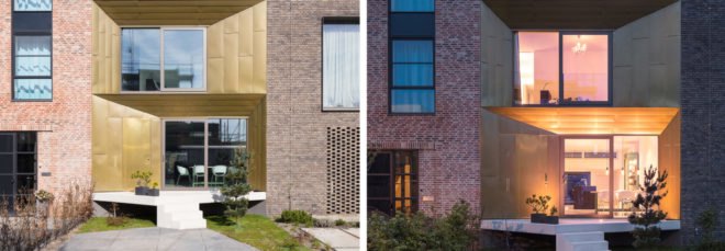 On the left, home with gold-tone exterior at daytime. On the right, home with brown exterior at night time.