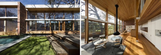 On the left, Wood and brick exterior of home with large full-height windows. On the right, open-plan living space with coffee table, modern chairs and a tall black ceramic fireplace.
