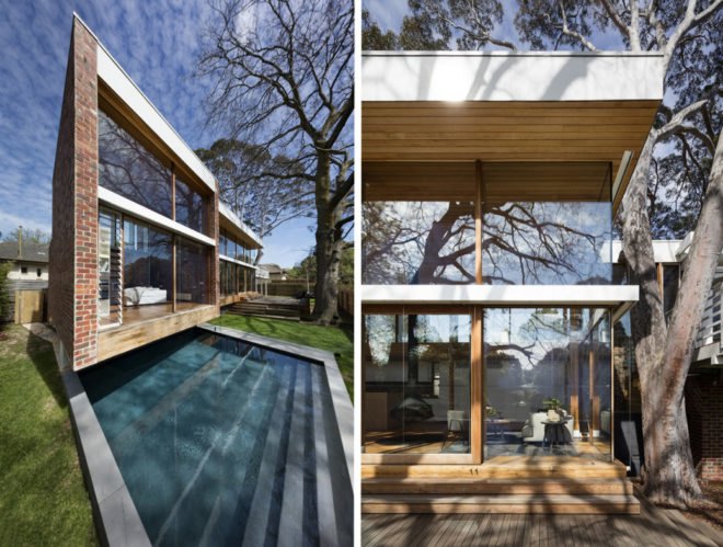 On the left, exterior of home and pool. On the right, exterior of home with large windows built right next to a tall tree.