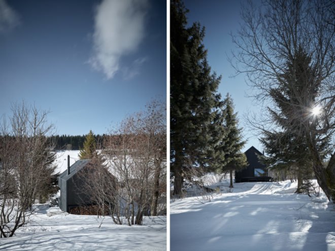 Black cabin surrounded by trees