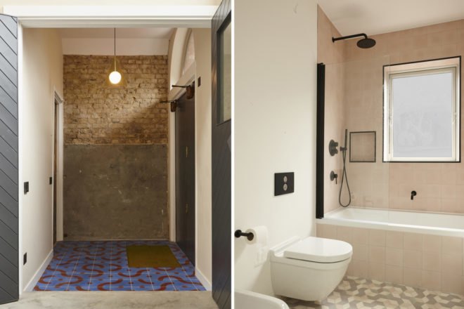 On the left, exposed brick wall. On the right, bathroom with walk-in shower.