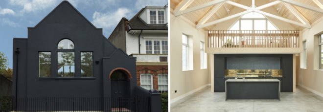 On the left, a chapel painted black. On the right, open kitchen and mezzanine with light colored wood walls.