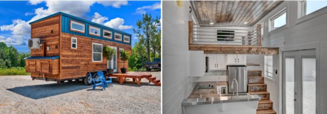 exterior and interior of tiny home on wheels