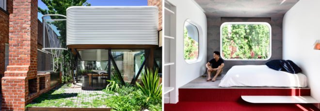House surrounded by greenery on the left. Right image is white and red bedroom with man looking out a window.