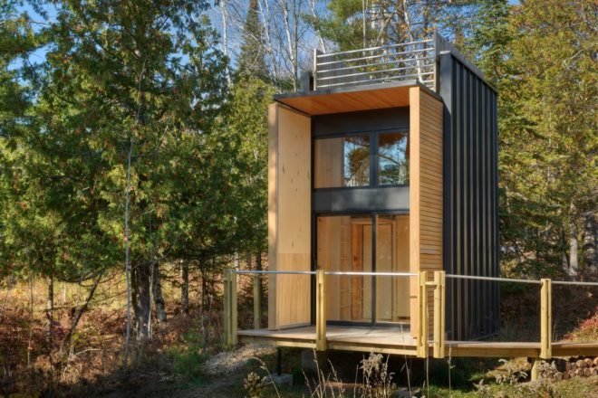tiny home with wooden deck