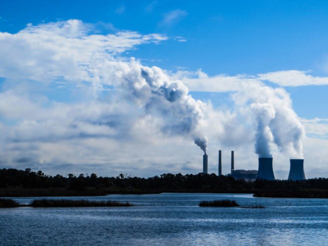 Silhouette of nuclear power plant on horizon