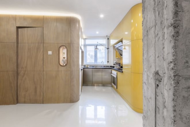 timber cube next to a yellow kitchen cube