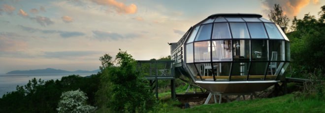 a glass pod surrounded by greenery