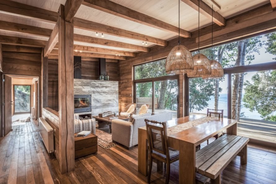 a rustic interior space with many windows